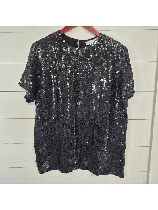 Diane Gilman Tops - Diane Gilman Women's Black Sequin 100% Silk Short Sleeve Top With Shoulder Pads